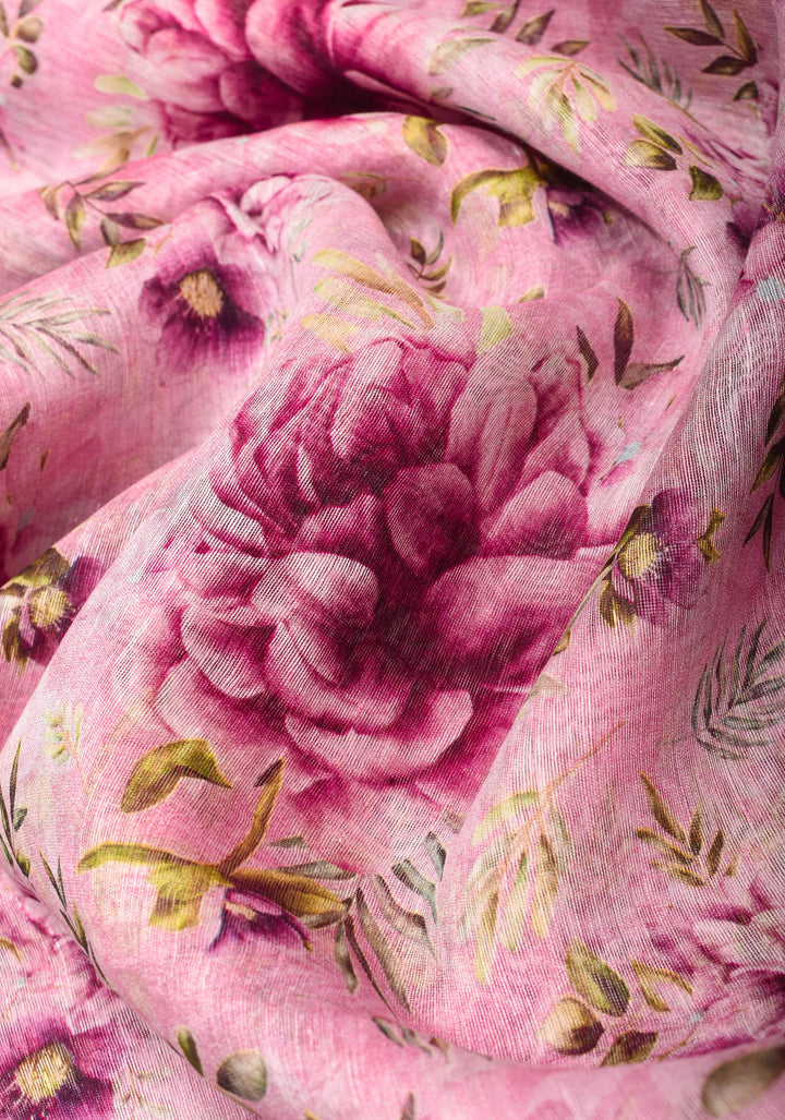 Silk Linen Saree in Baby Pink with floral digital print and zari border