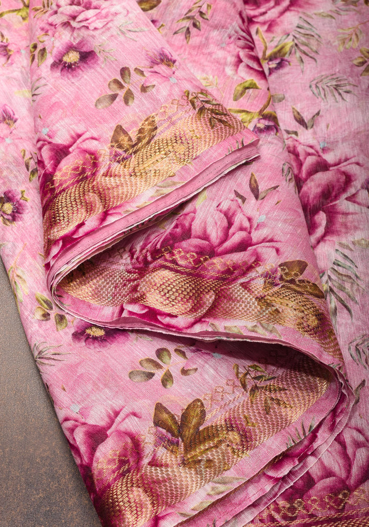 Silk Linen Saree in Baby Pink with floral digital print and zari border