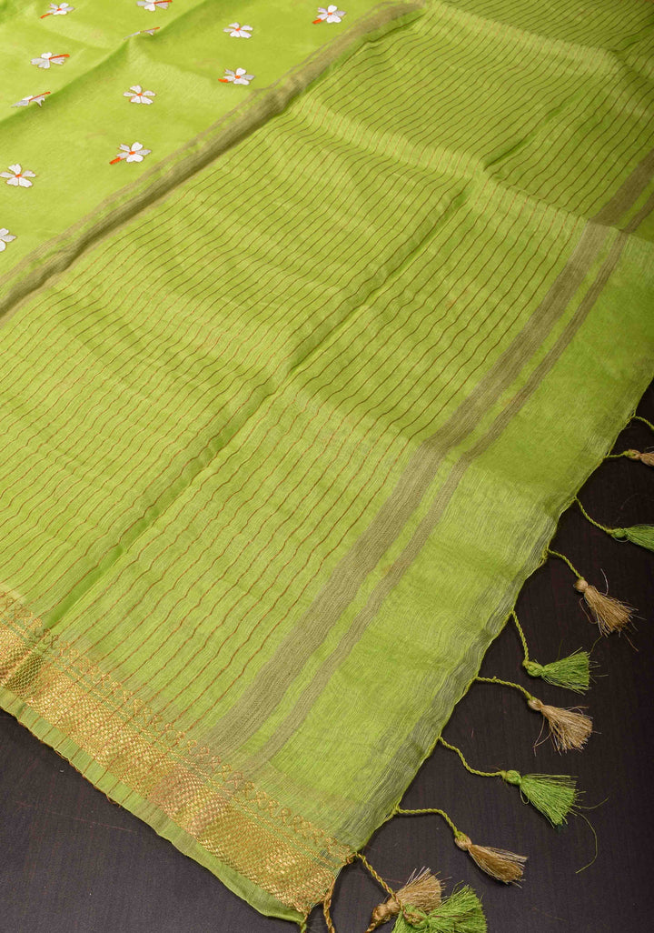 Silk Linen Saree in Lime Green with Parijaat Floral Embroidery