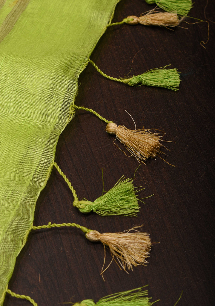 Silk Linen Saree in Lime Green with Parijaat Floral Embroidery