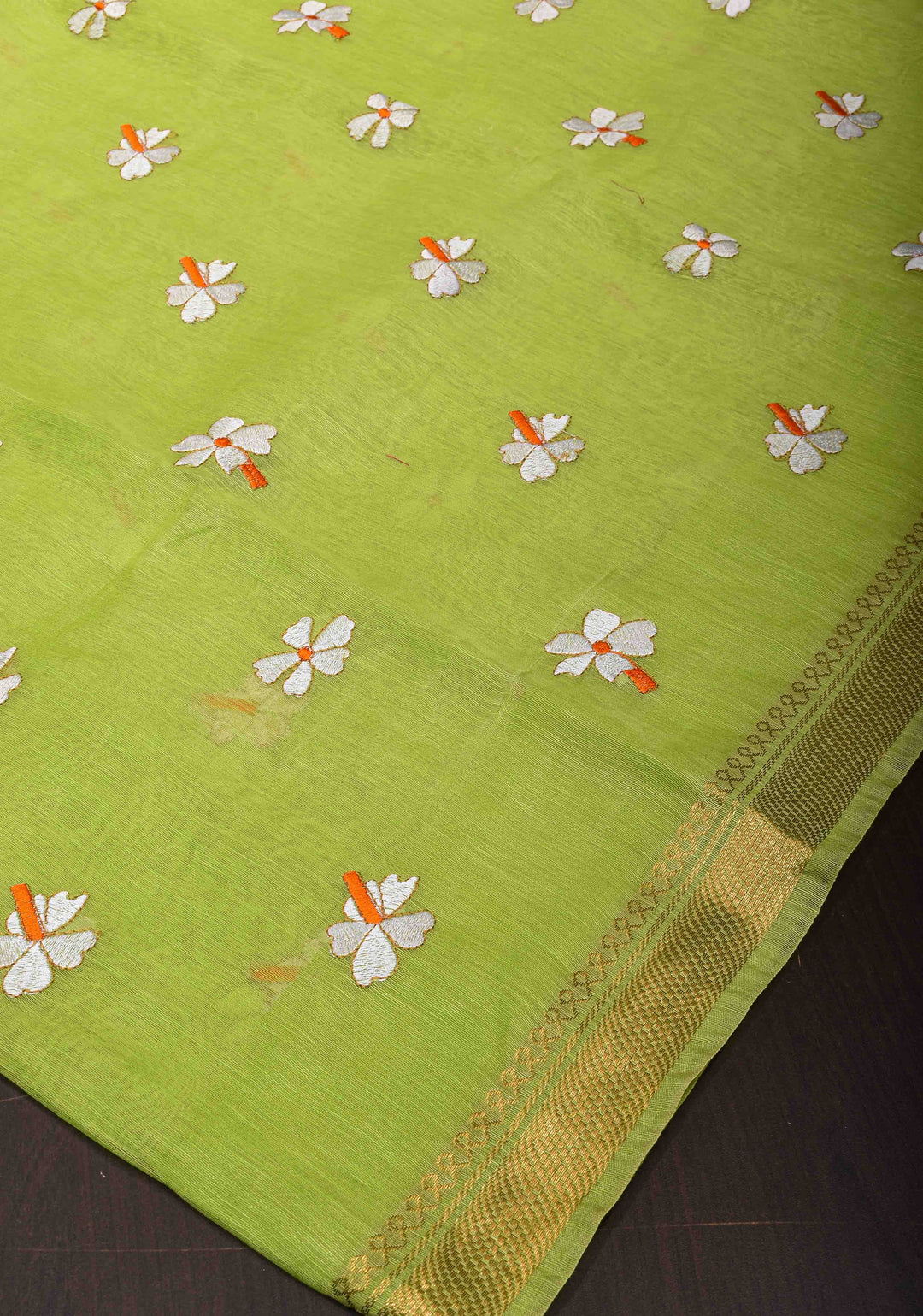 Silk Linen Saree in Lime Green with Parijaat Floral Embroidery