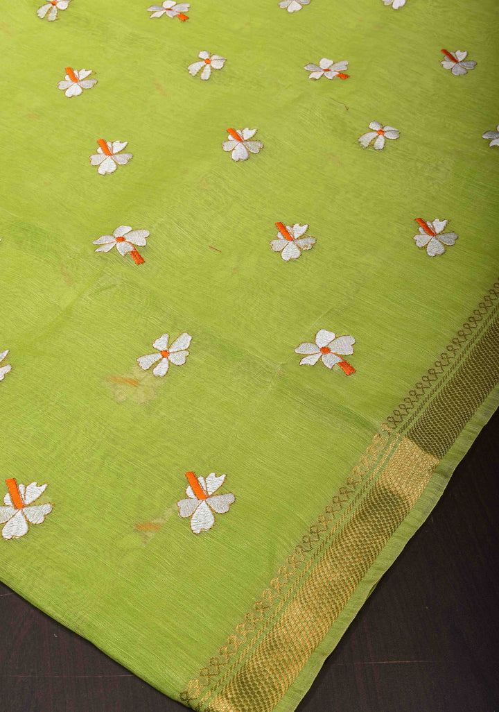 Silk Linen Saree in Lime Green with Parijaat Floral Embroidery