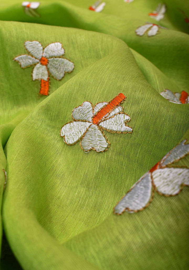 Silk Linen Saree in Lime Green with Parijaat Floral Embroidery