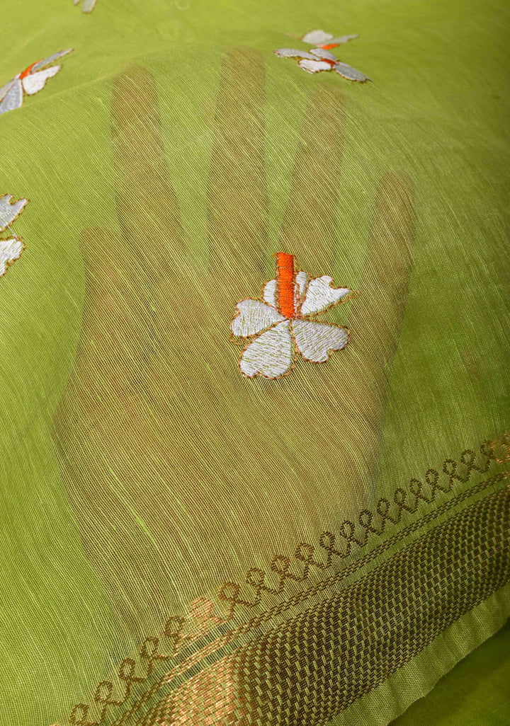 Silk Linen Saree in Lime Green with Parijaat Floral Embroidery