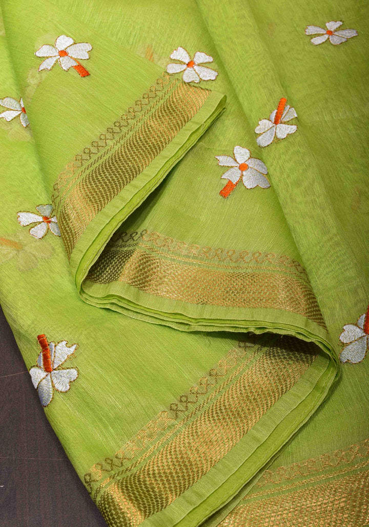 Silk Linen Saree in Lime Green with Parijaat Floral Embroidery