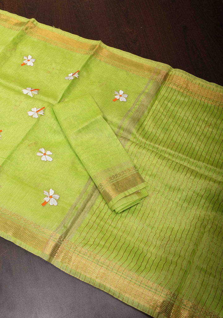 Silk Linen Saree in Lime Green with Parijaat Floral Embroidery