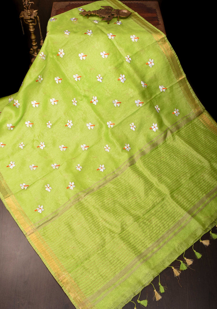 Silk Linen Saree in Lime Green with Parijaat Floral Embroidery