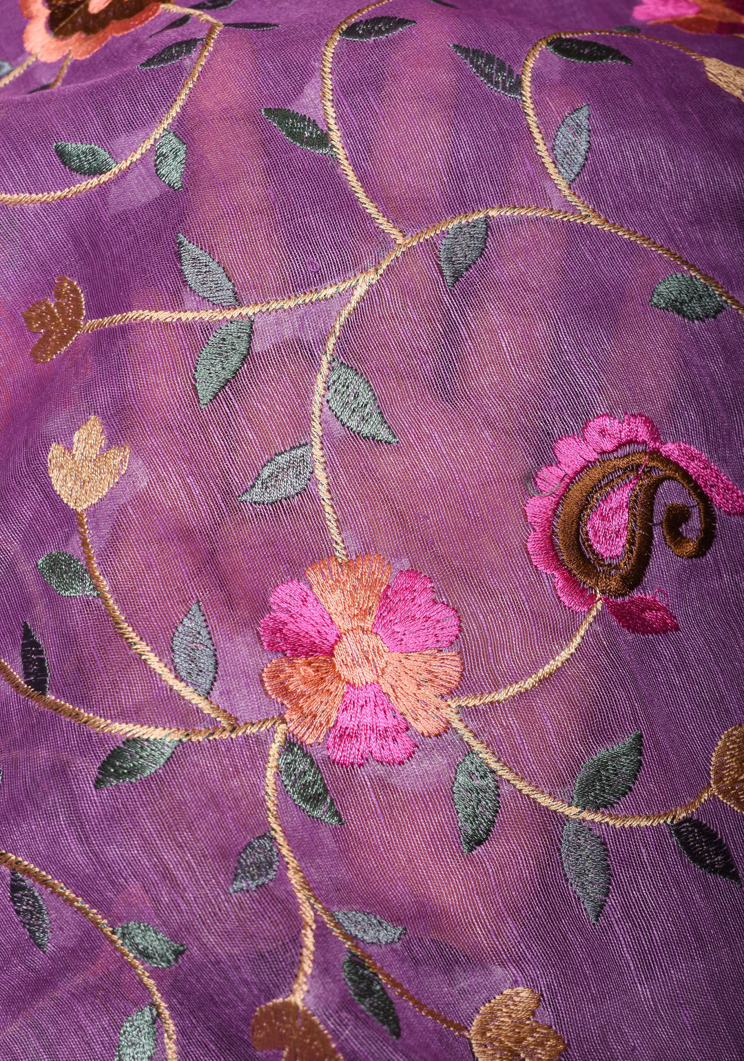 Floral Jaal embroidery on Silk Linen In Purple with woven zari borders