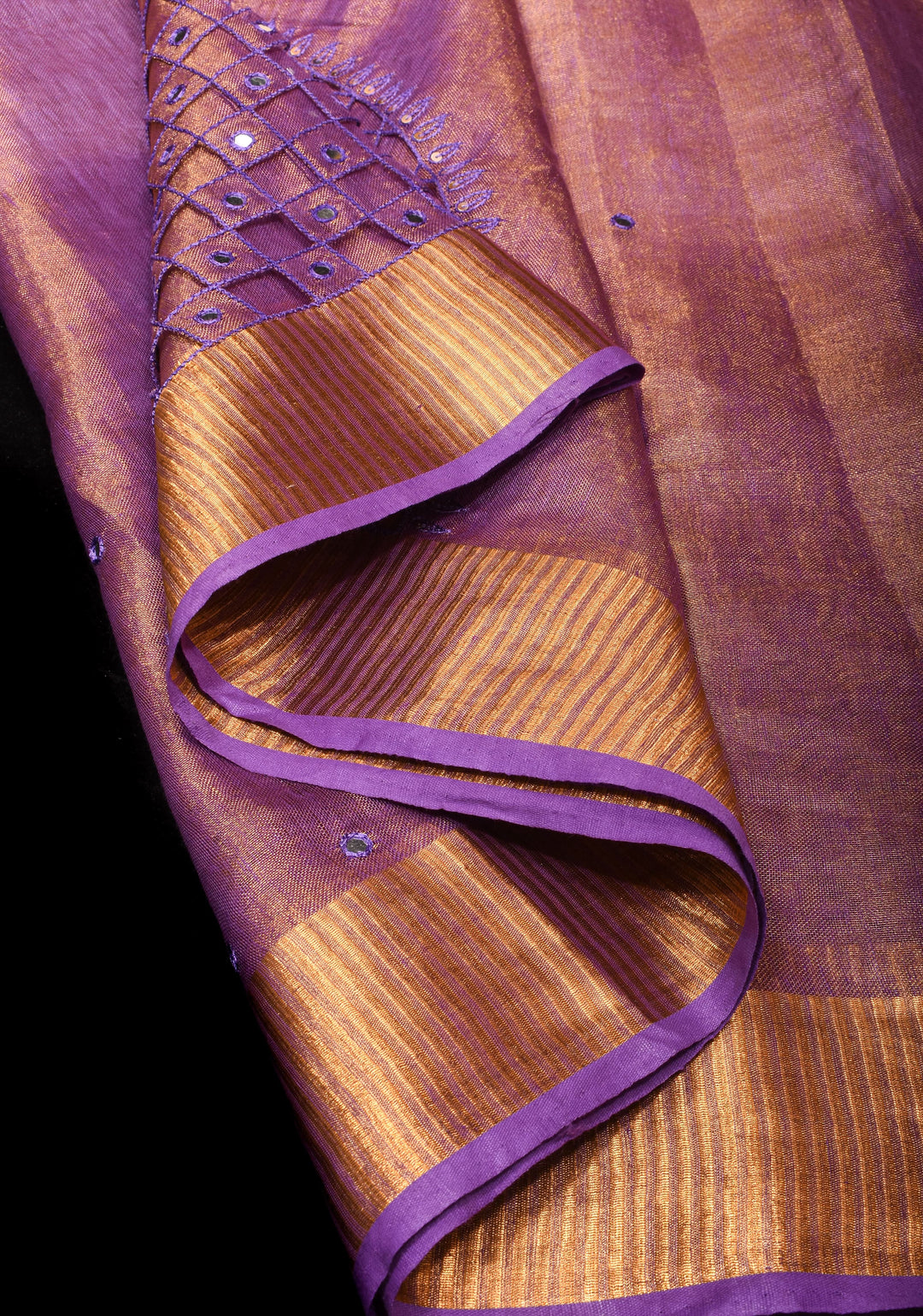 Cutwork and Mirror Work Tissue Linen Saree in Lavender Gold with Zari Border