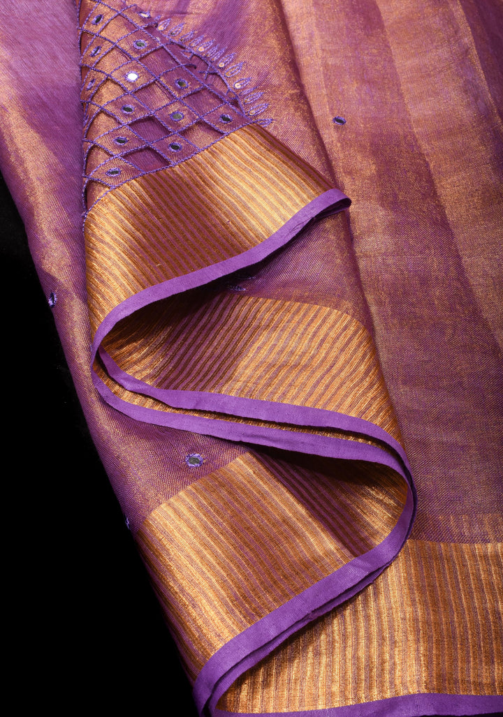 Cutwork and Mirror Work Tissue Linen Saree in Lavender Gold with Zari Border
