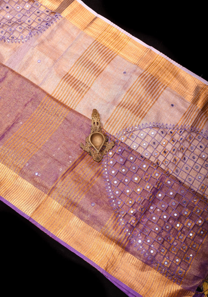 Cutwork and Mirror Work Tissue Linen Saree in Lavender Gold with Zari Border