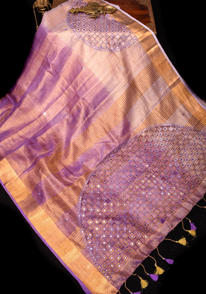 Cutwork and Mirror Work Tissue Linen Saree in Lavender Gold with Zari Border