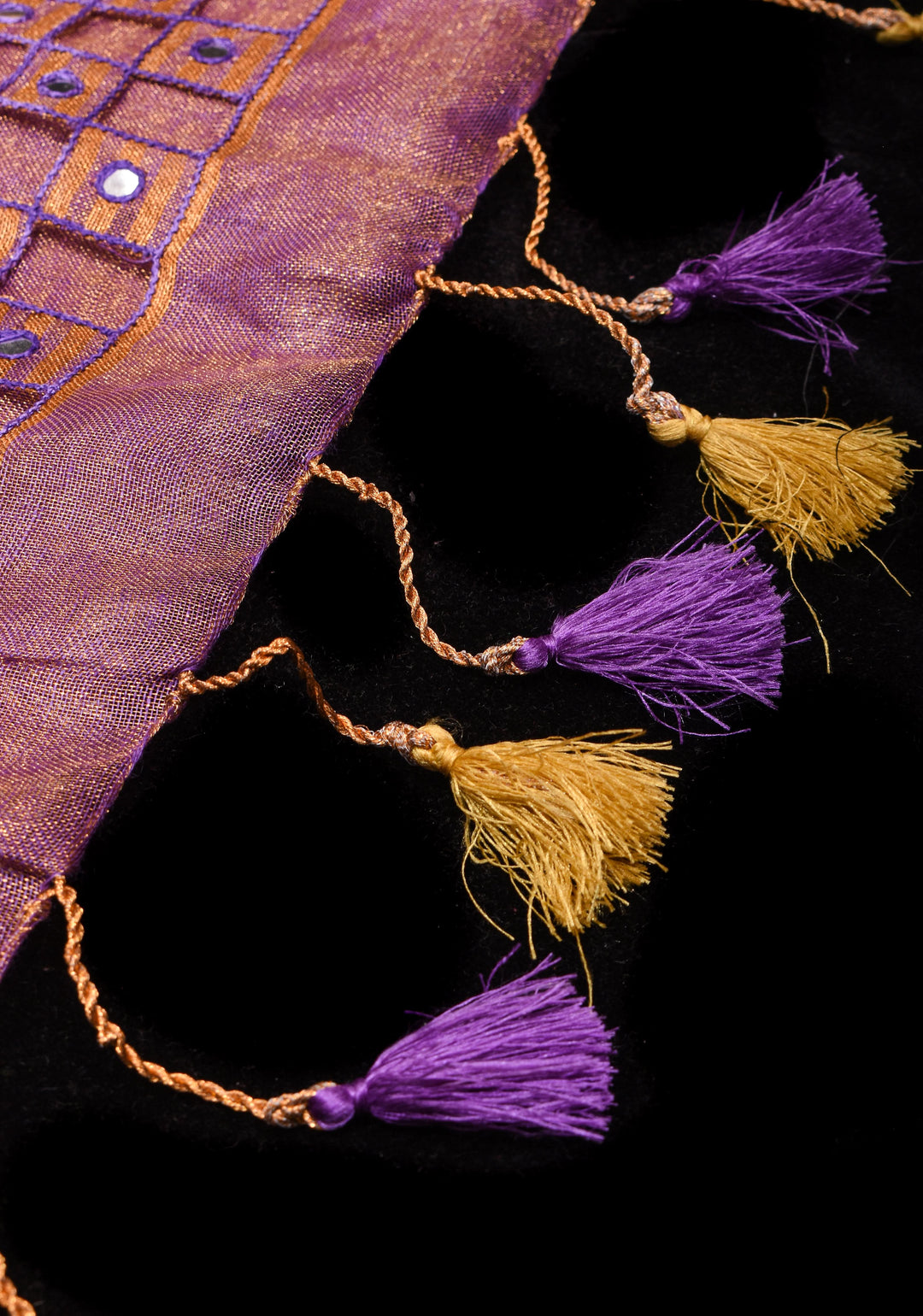 Cutwork and Mirror Work Tissue Linen Saree in Lavender Gold with Zari Border