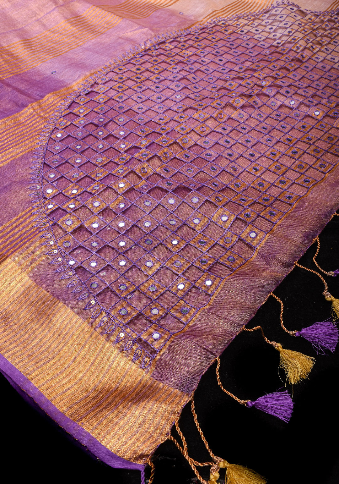 Cutwork and Mirror Work Tissue Linen Saree in Lavender Gold with Zari Border