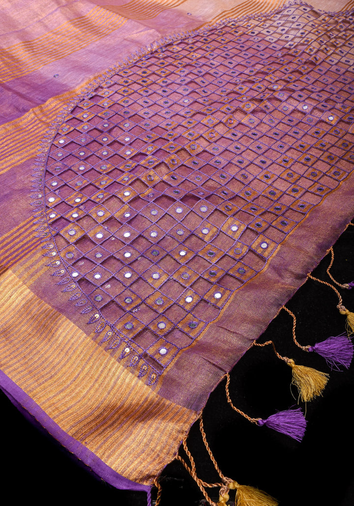 Cutwork and Mirror Work Tissue Linen Saree in Lavender Gold with Zari Border