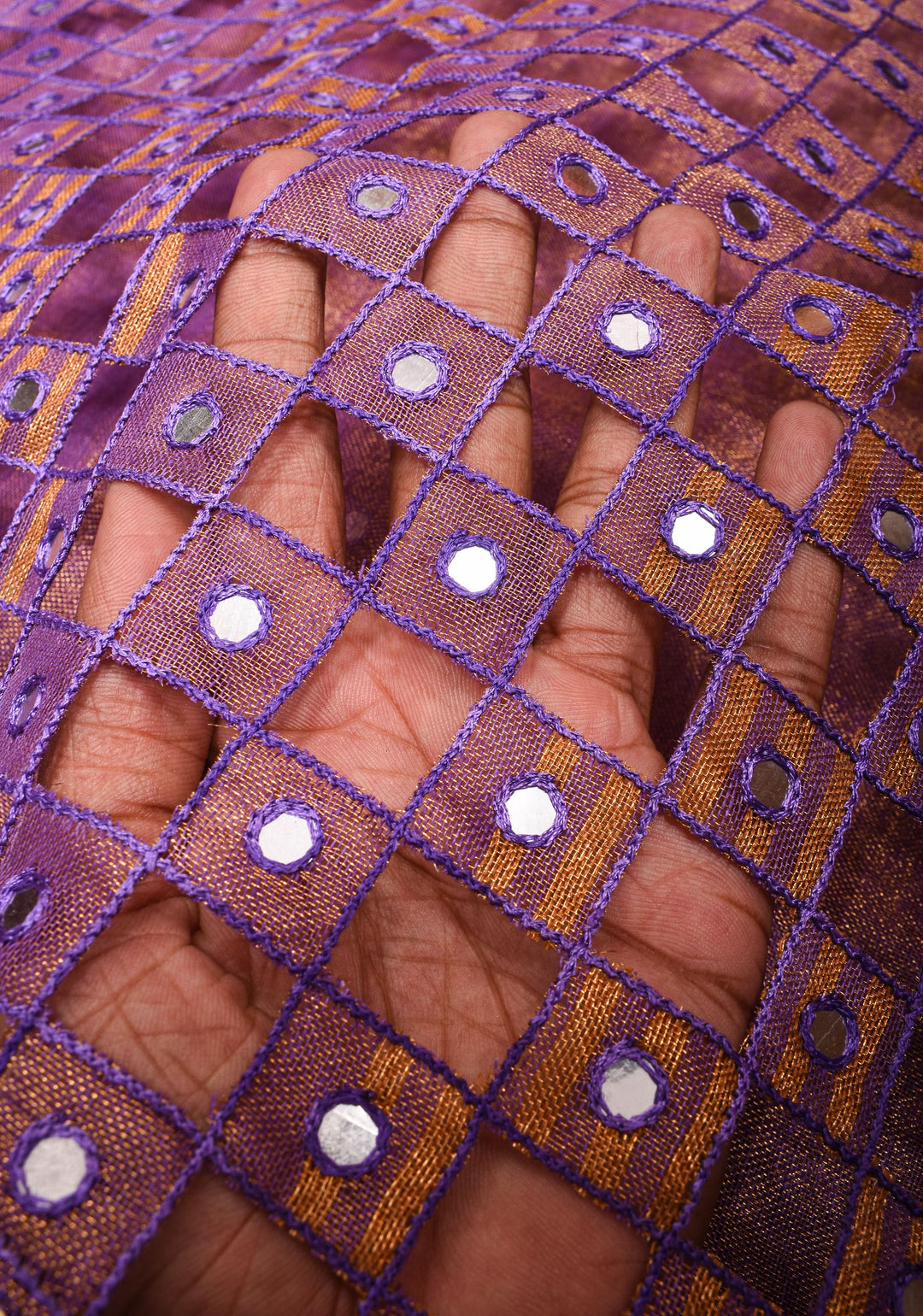 Cutwork and Mirror Work Tissue Linen Saree in Lavender Gold with Zari Border