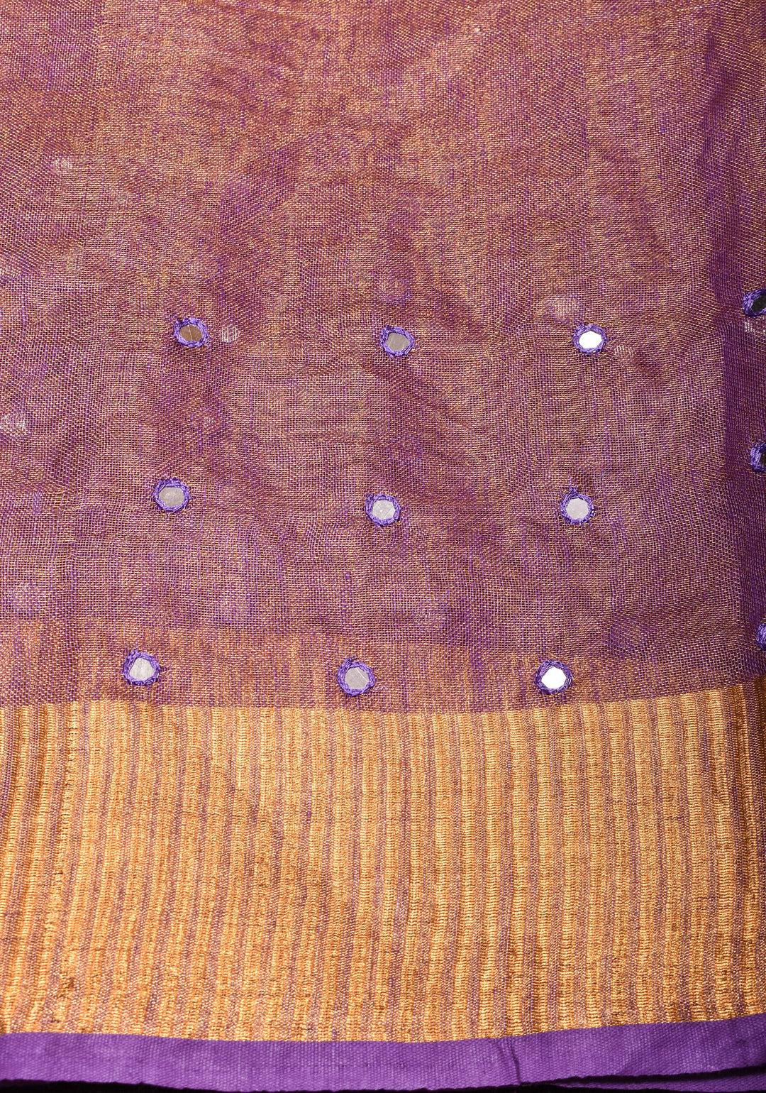 Cutwork and Mirror Work Tissue Linen Saree in Lavender Gold with Zari Border