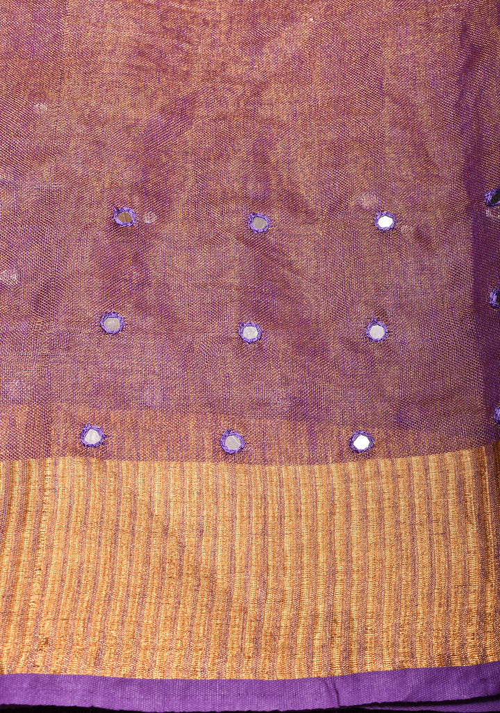 Cutwork and Mirror Work Tissue Linen Saree in Lavender Gold with Zari Border