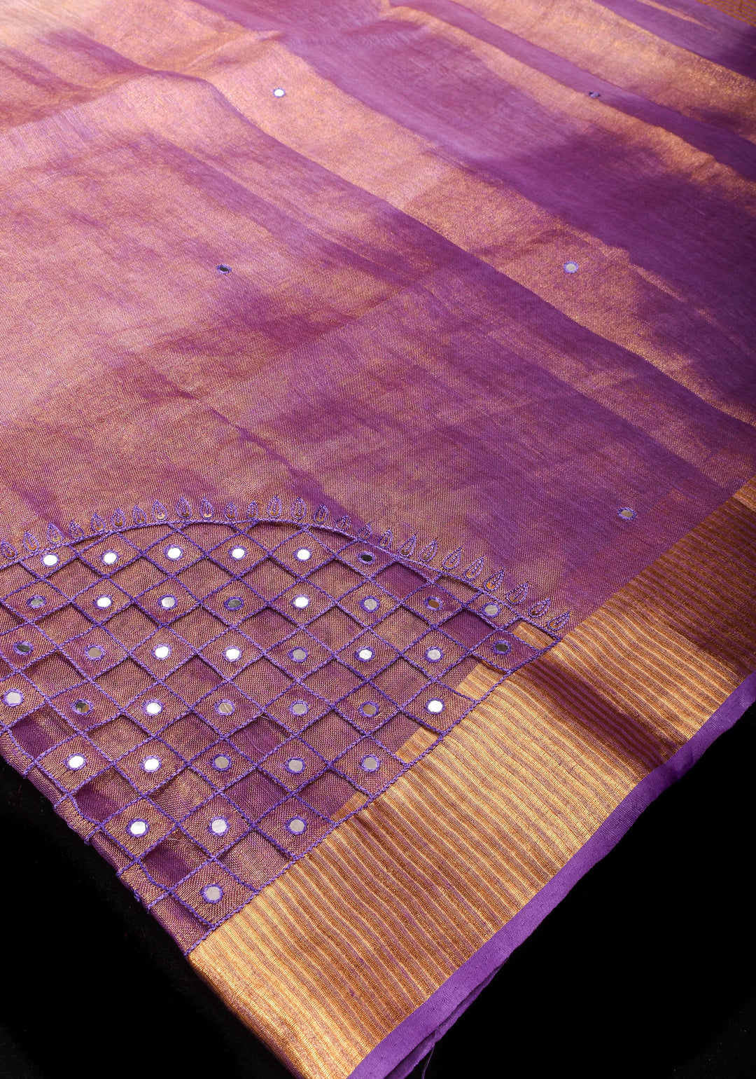 Cutwork and Mirror Work Tissue Linen Saree in Lavender Gold with Zari Border