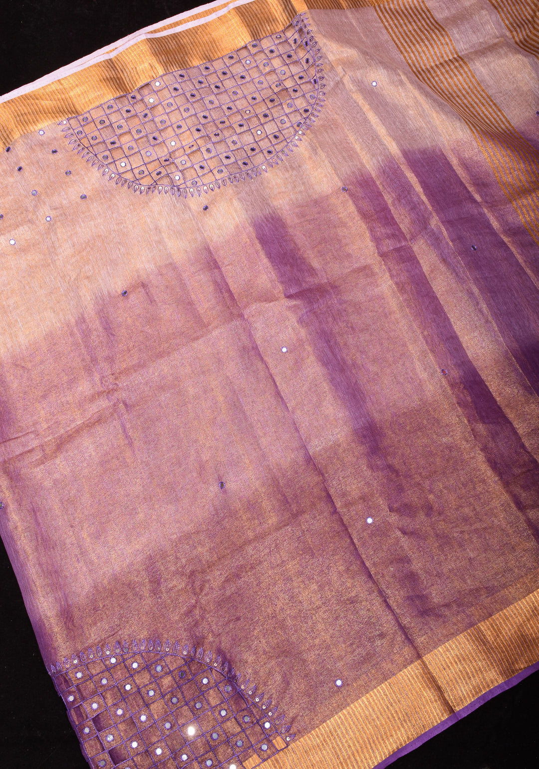 Cutwork and Mirror Work Tissue Linen Saree in Lavender Gold with Zari Border