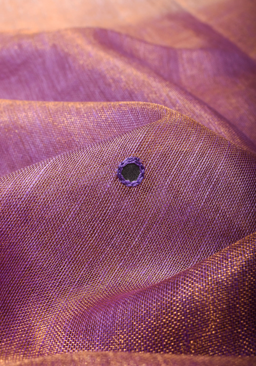 Cutwork and Mirror Work Tissue Linen Saree in Lavender Gold with Zari Border