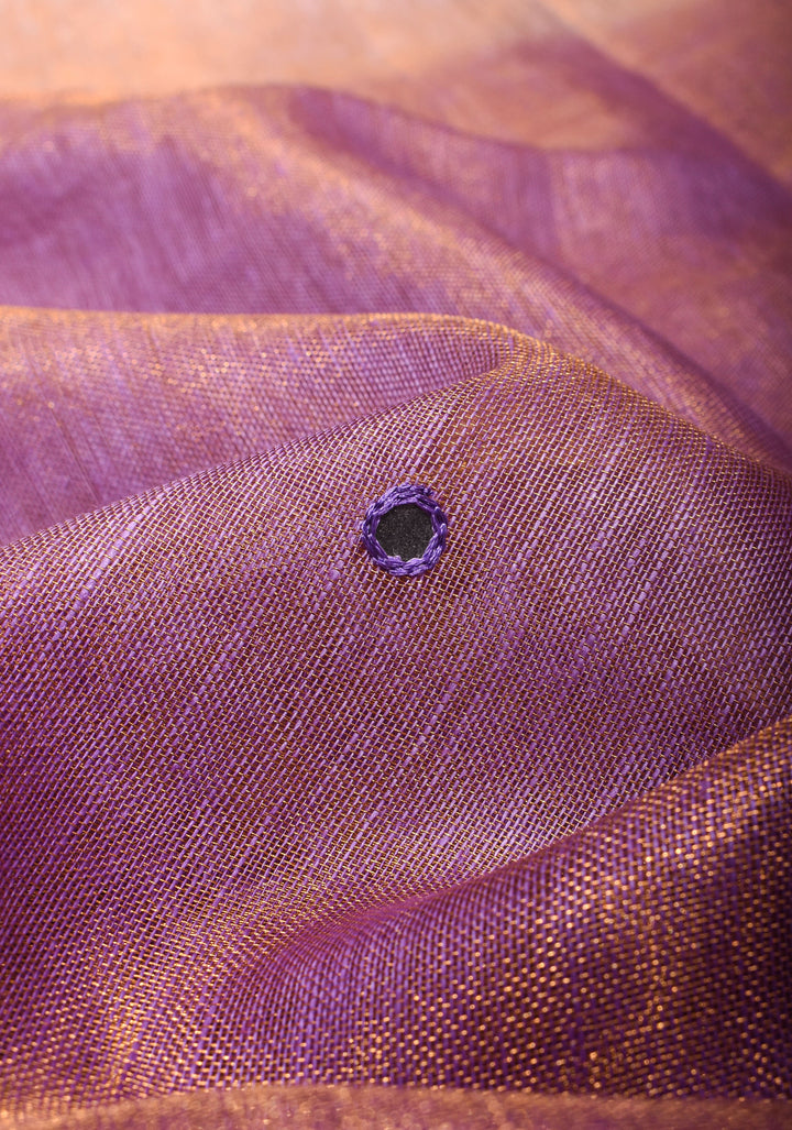 Cutwork and Mirror Work Tissue Linen Saree in Lavender Gold with Zari Border