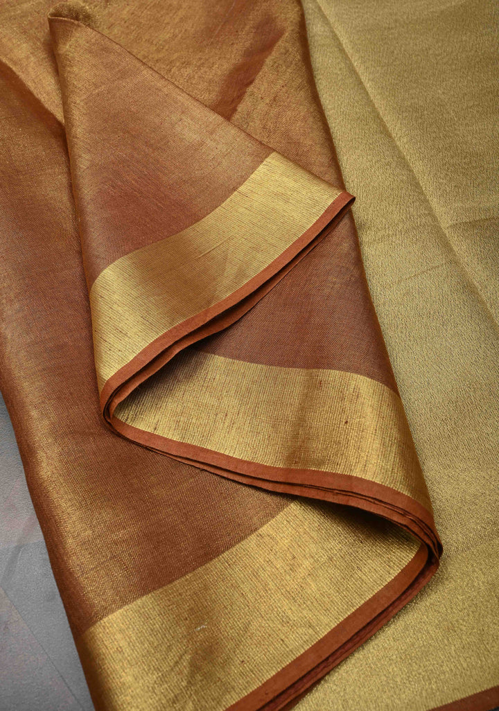 Rusty Brown Tissue Linen Saree with Contrast Zari Border
