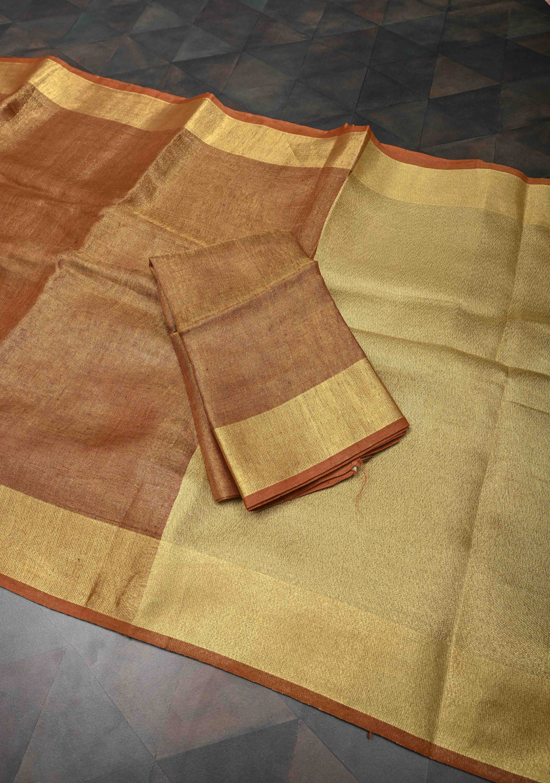 Rusty Brown Tissue Linen Saree with Contrast Zari Border