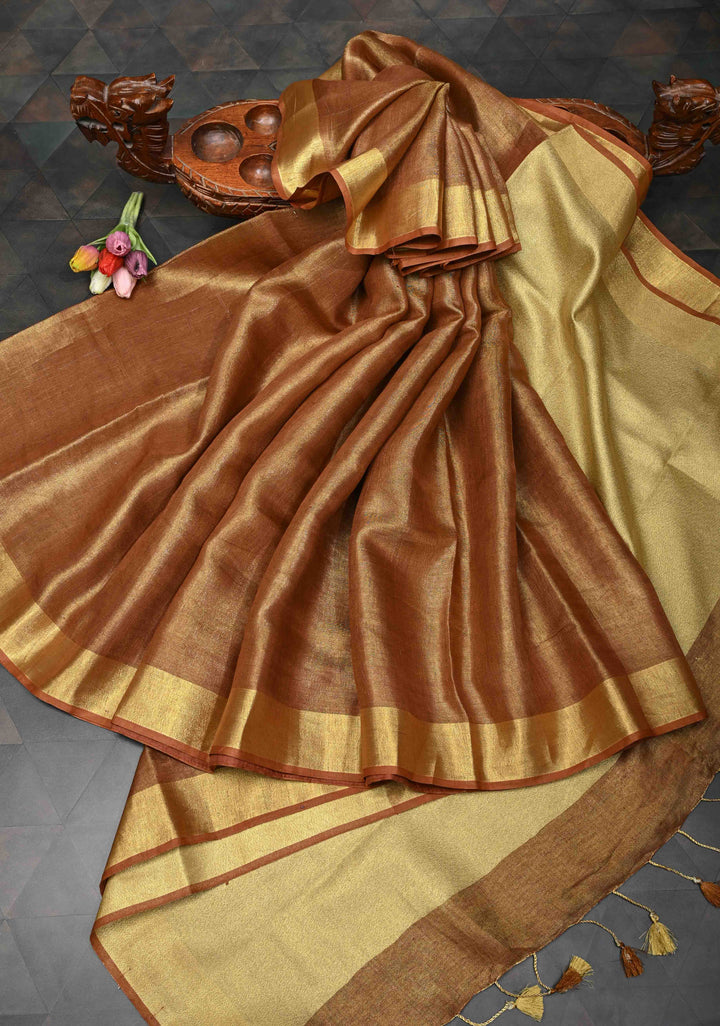Rusty Brown Tissue Linen Saree with Contrast Zari Border