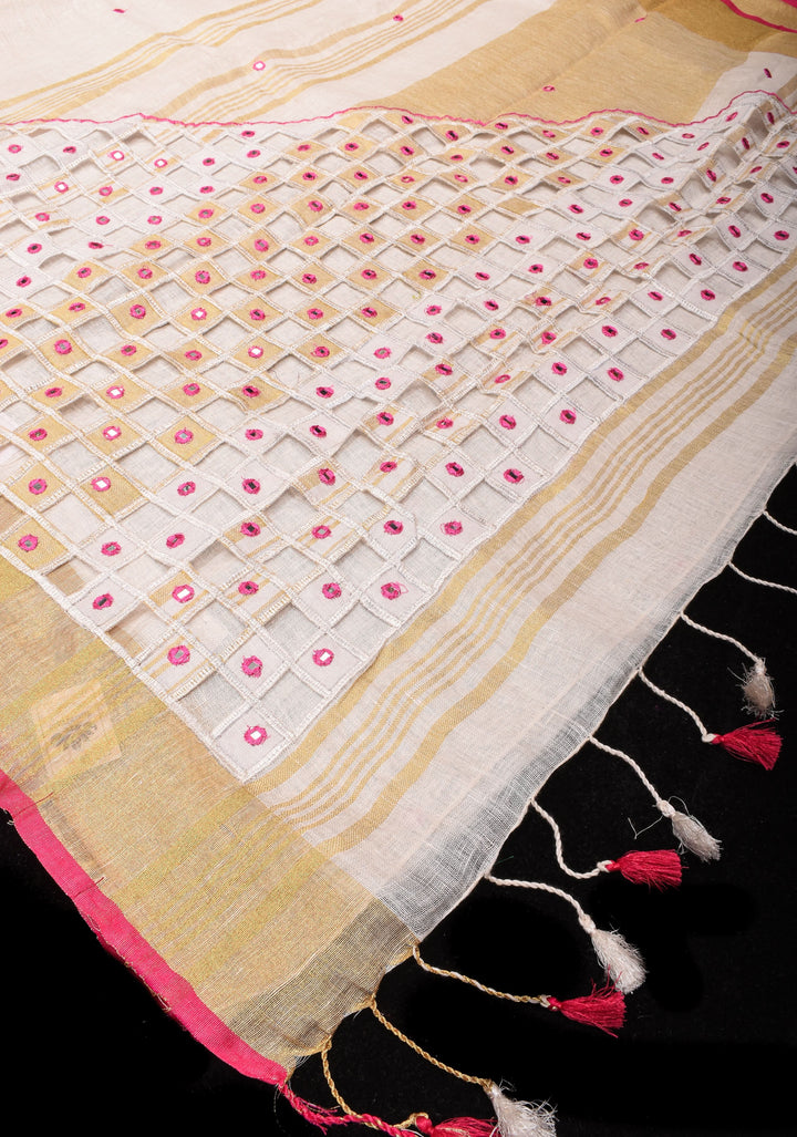 Jaali Pallu - Linen by Linen Cutwork with Pink embroidery and Mirror work Saree in White