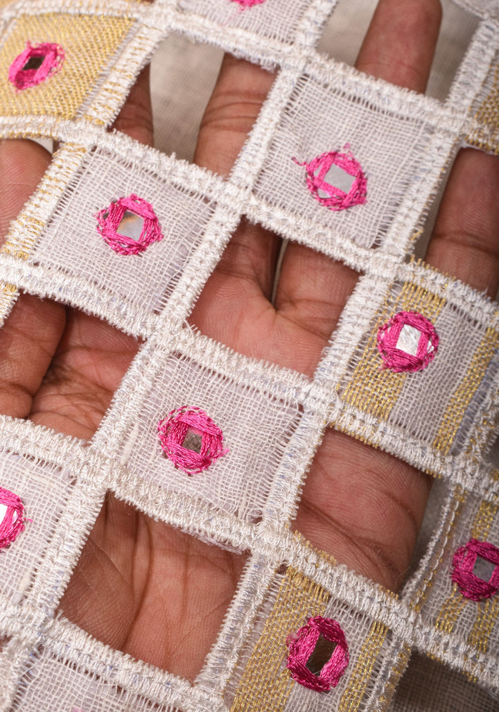 Jaali Pallu - Linen by Linen Cutwork with Pink embroidery and Mirror work Saree in White