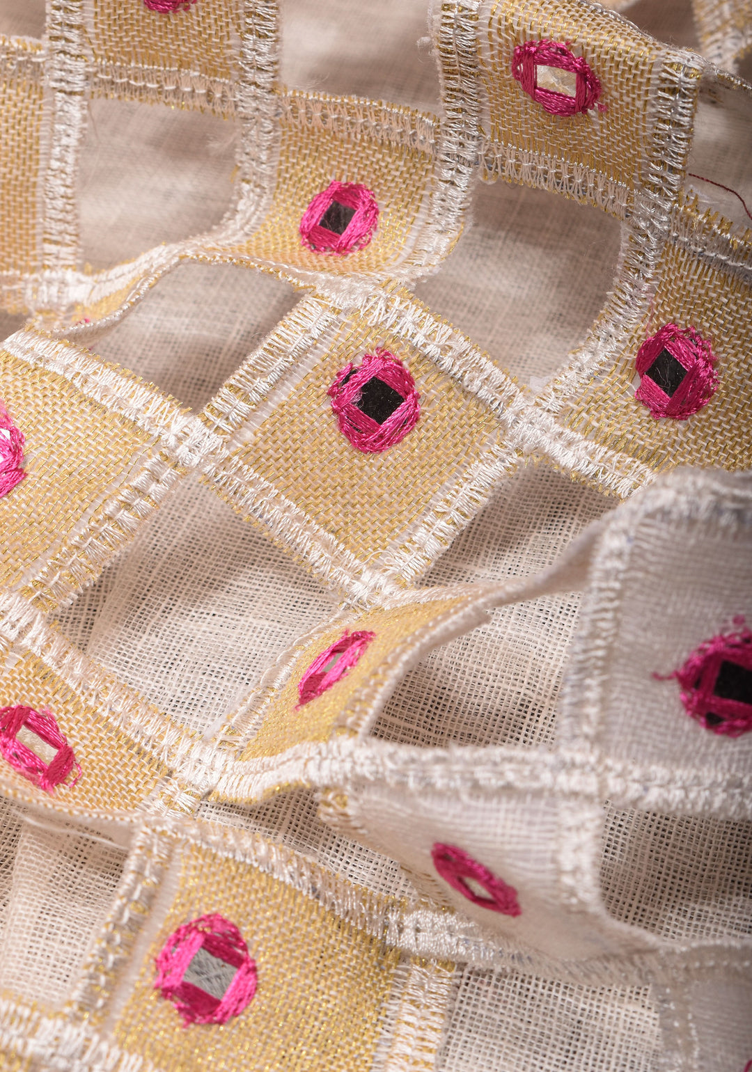 Jaali Pallu - Linen by Linen Cutwork with Pink embroidery and Mirror work Saree in White