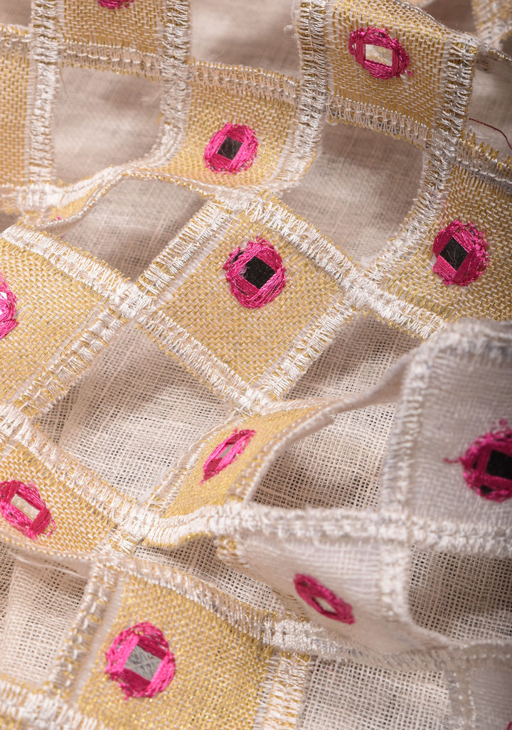 Jaali Pallu - Linen by Linen Cutwork with Pink embroidery and Mirror work Saree in White