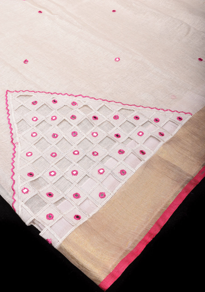 Jaali Pallu - Linen by Linen Cutwork with Pink embroidery and Mirror work Saree in White