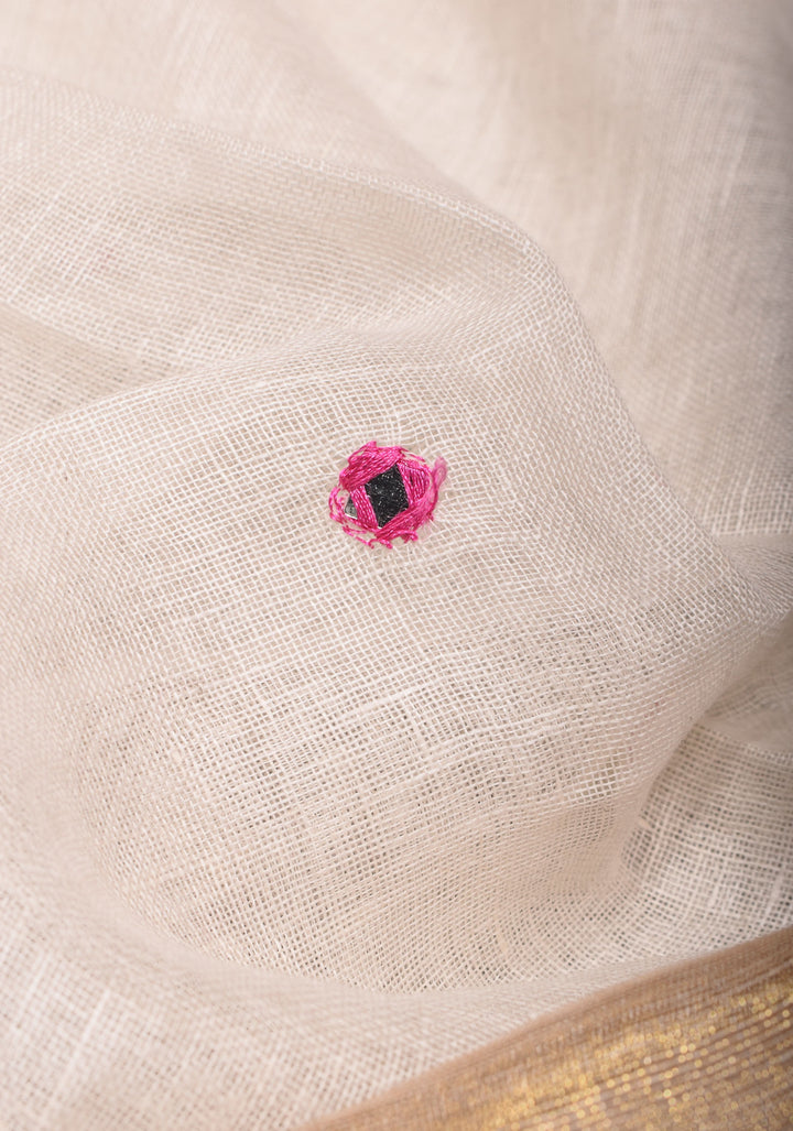 Jaali Pallu - Linen by Linen Cutwork with Pink embroidery and Mirror work Saree in White
