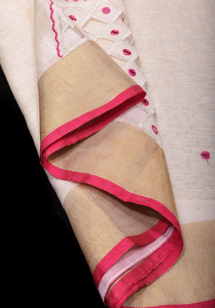 Jaali Pallu - Linen by Linen Cutwork with Pink embroidery and Mirror work Saree in White