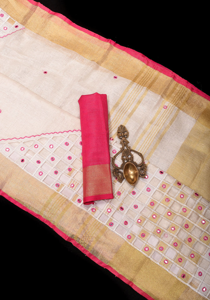 Jaali Pallu - Linen by Linen Cutwork with Pink embroidery and Mirror work Saree in White