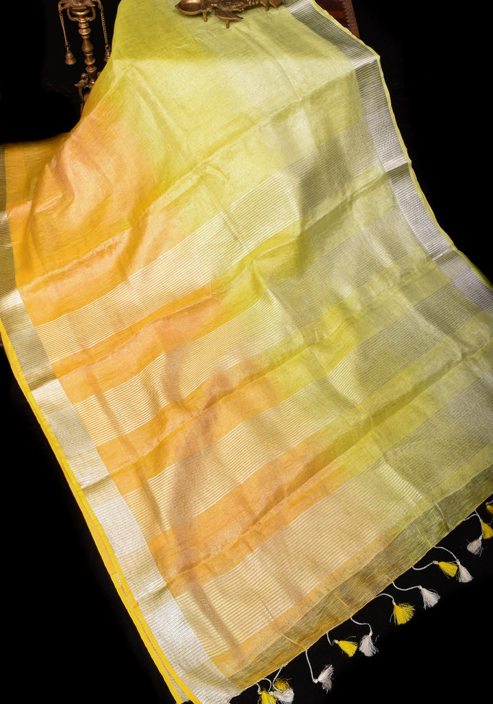 XL Saree - Yellow Ombre Silver Tissue Linen Saree with Silver Ribbed Borders