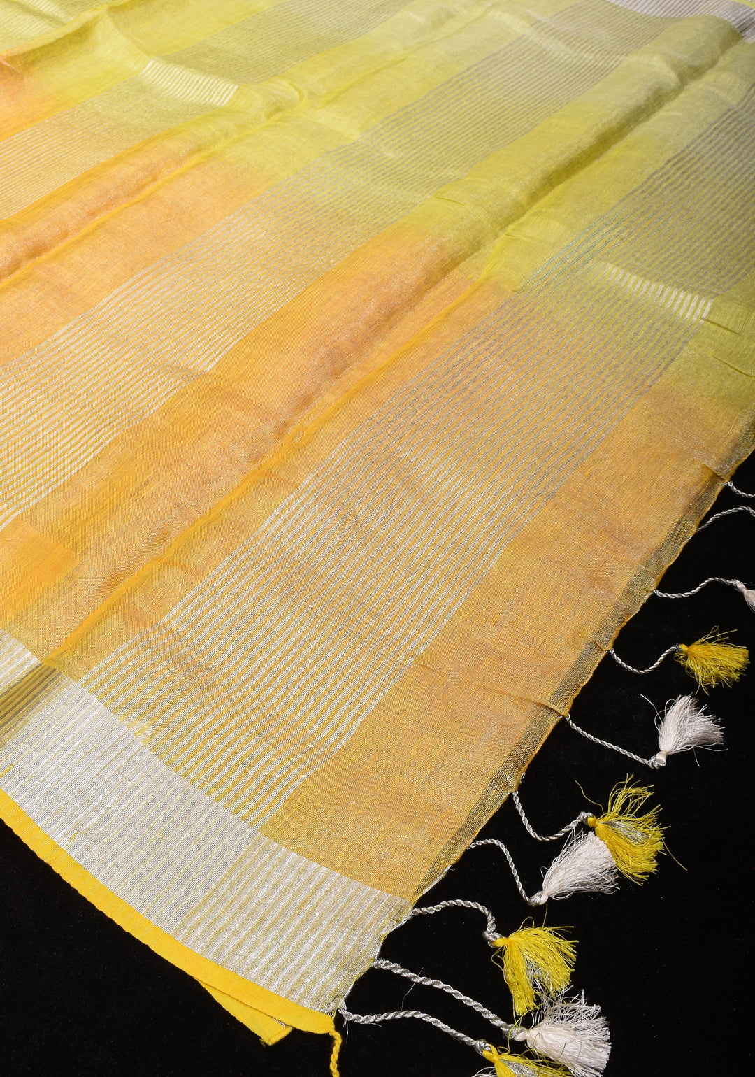 XL Saree - Yellow Ombre Silver Tissue Linen Saree with Silver Ribbed Borders