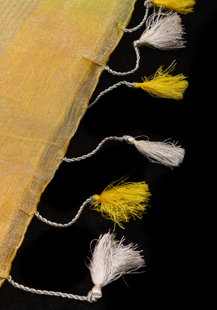 XL Saree - Yellow Ombre Silver Tissue Linen Saree with Silver Ribbed Borders