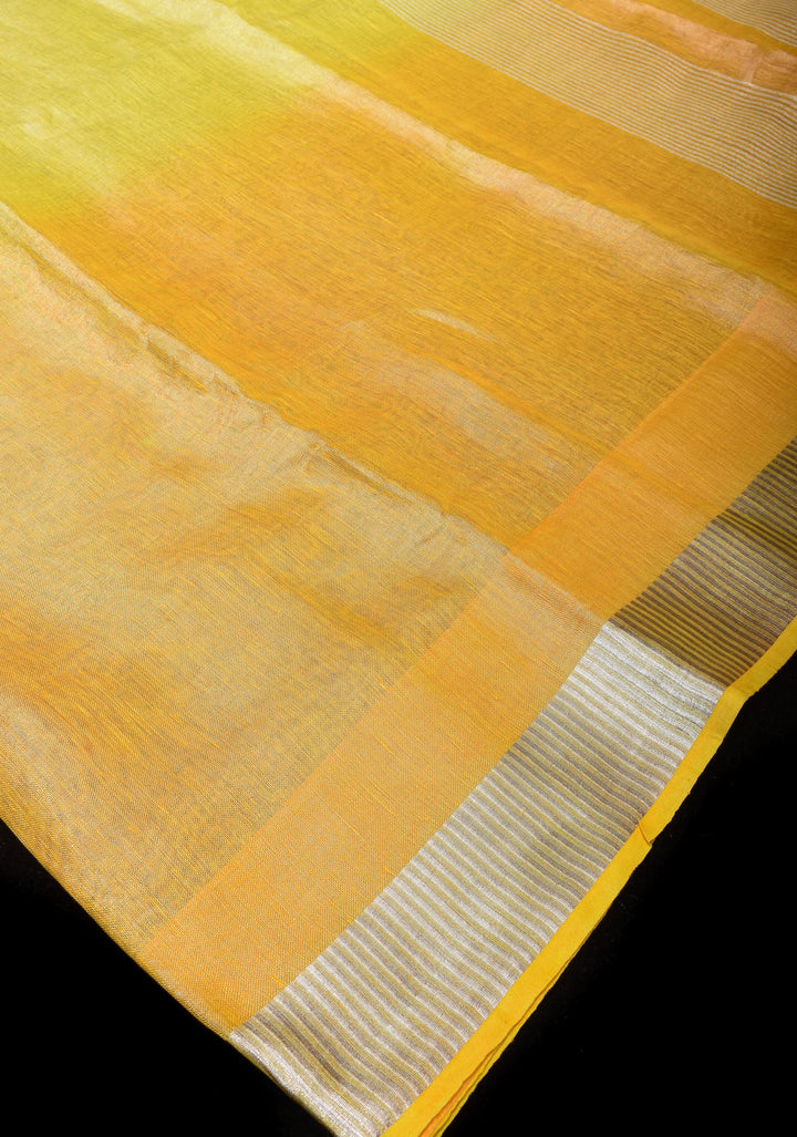 XL Saree - Yellow Ombre Silver Tissue Linen Saree with Silver Ribbed Borders