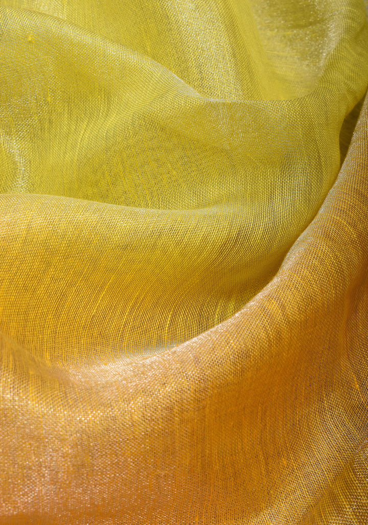 XL Saree - Yellow Ombre Silver Tissue Linen Saree with Silver Ribbed Borders