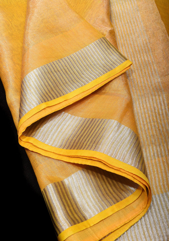 XL Saree - Yellow Ombre Silver Tissue Linen Saree with Silver Ribbed Borders