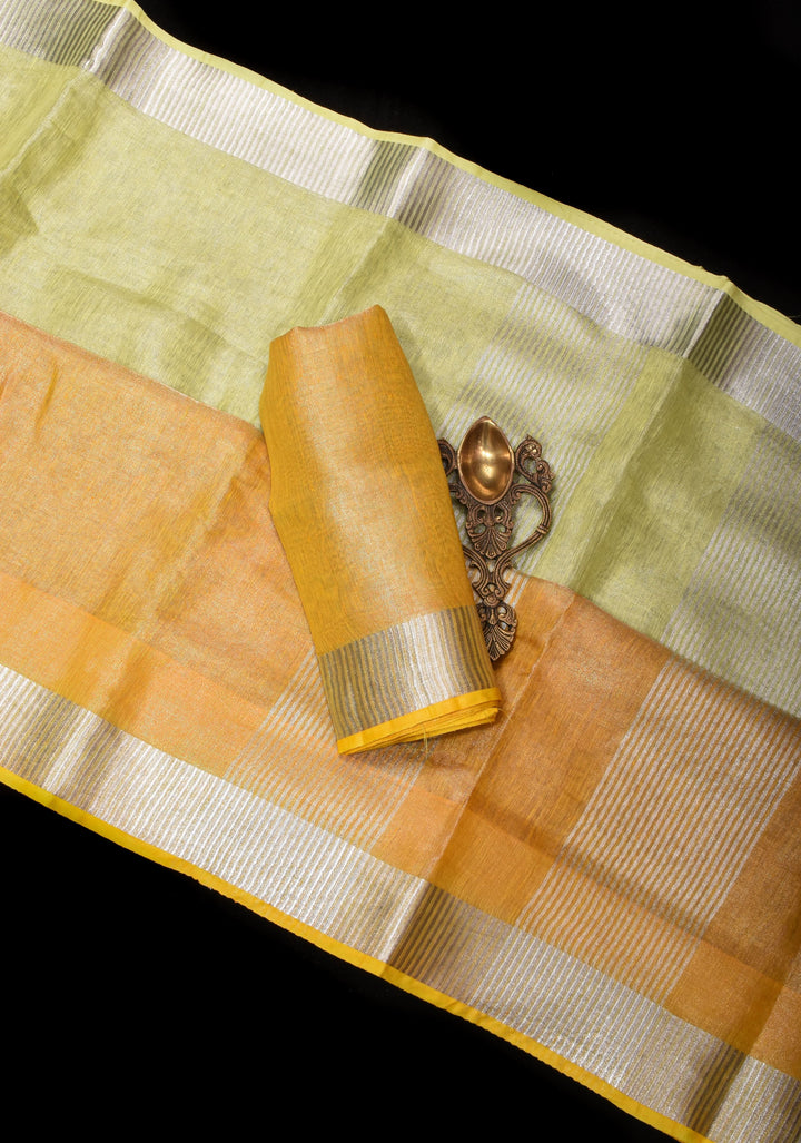 XL Saree - Yellow Ombre Silver Tissue Linen Saree with Silver Ribbed Borders