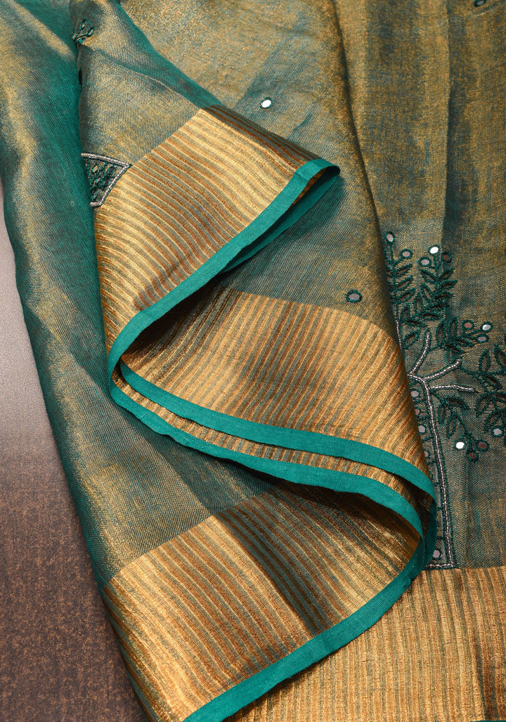 Teal tissue Linen Tree of life Cutwork and mirror embroidery | SHOBITAM