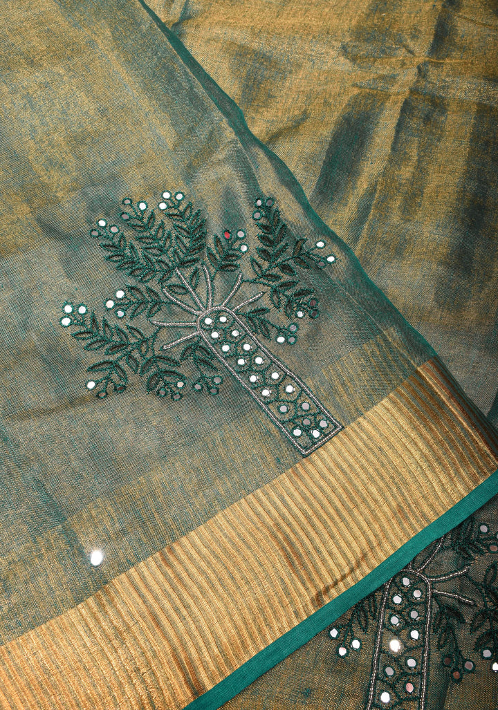 Teal tissue Linen Tree of life Cutwork and mirror embroidery | SHOBITAM