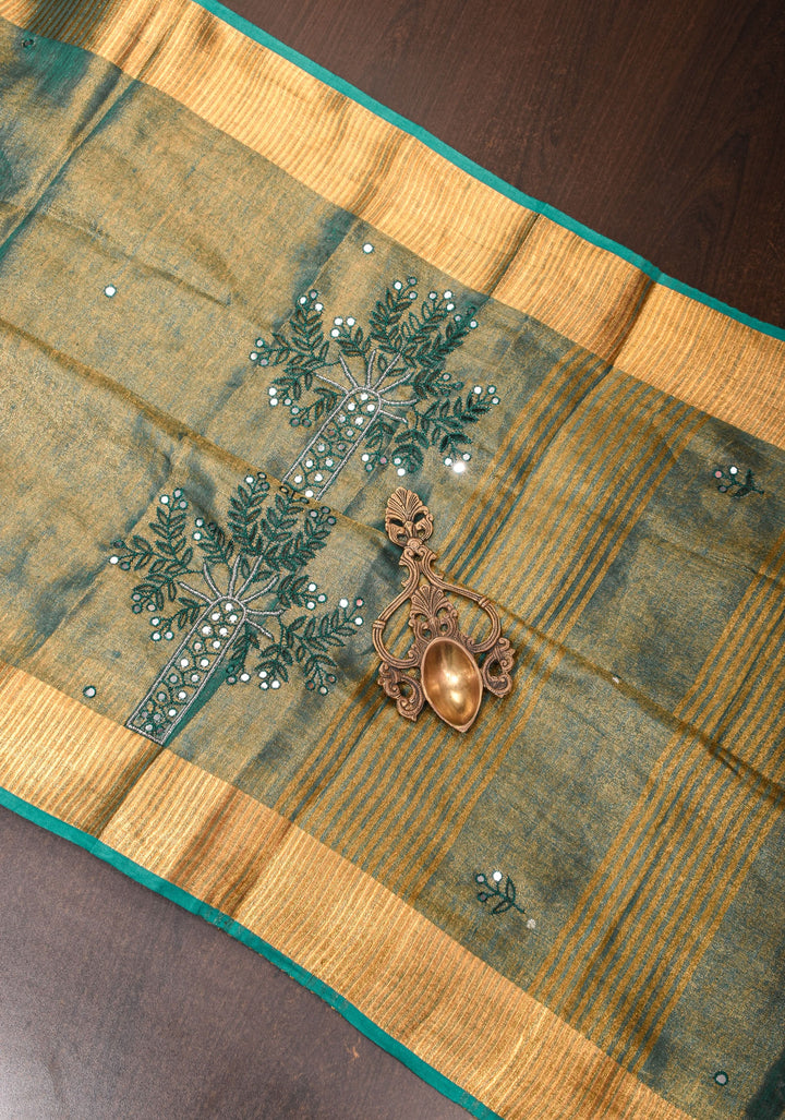 Teal tissue Linen Tree of life Cutwork and mirror embroidery | SHOBITAM