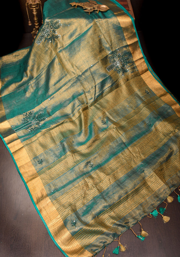 Teal tissue Linen Tree of life Cutwork and mirror embroidery | SHOBITAM