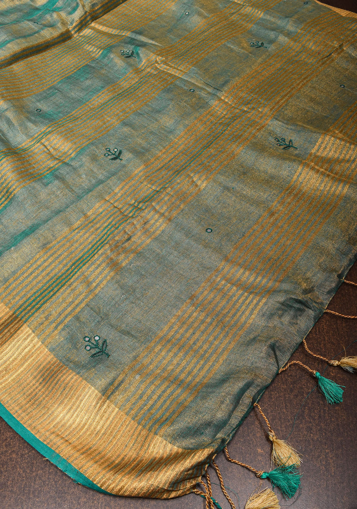 Teal tissue Linen Tree of life Cutwork and mirror embroidery | SHOBITAM