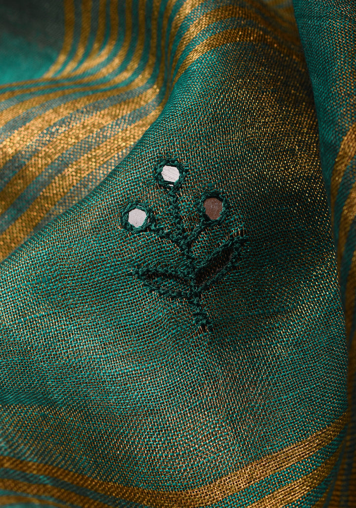 Teal tissue Linen Tree of life Cutwork and mirror embroidery | SHOBITAM
